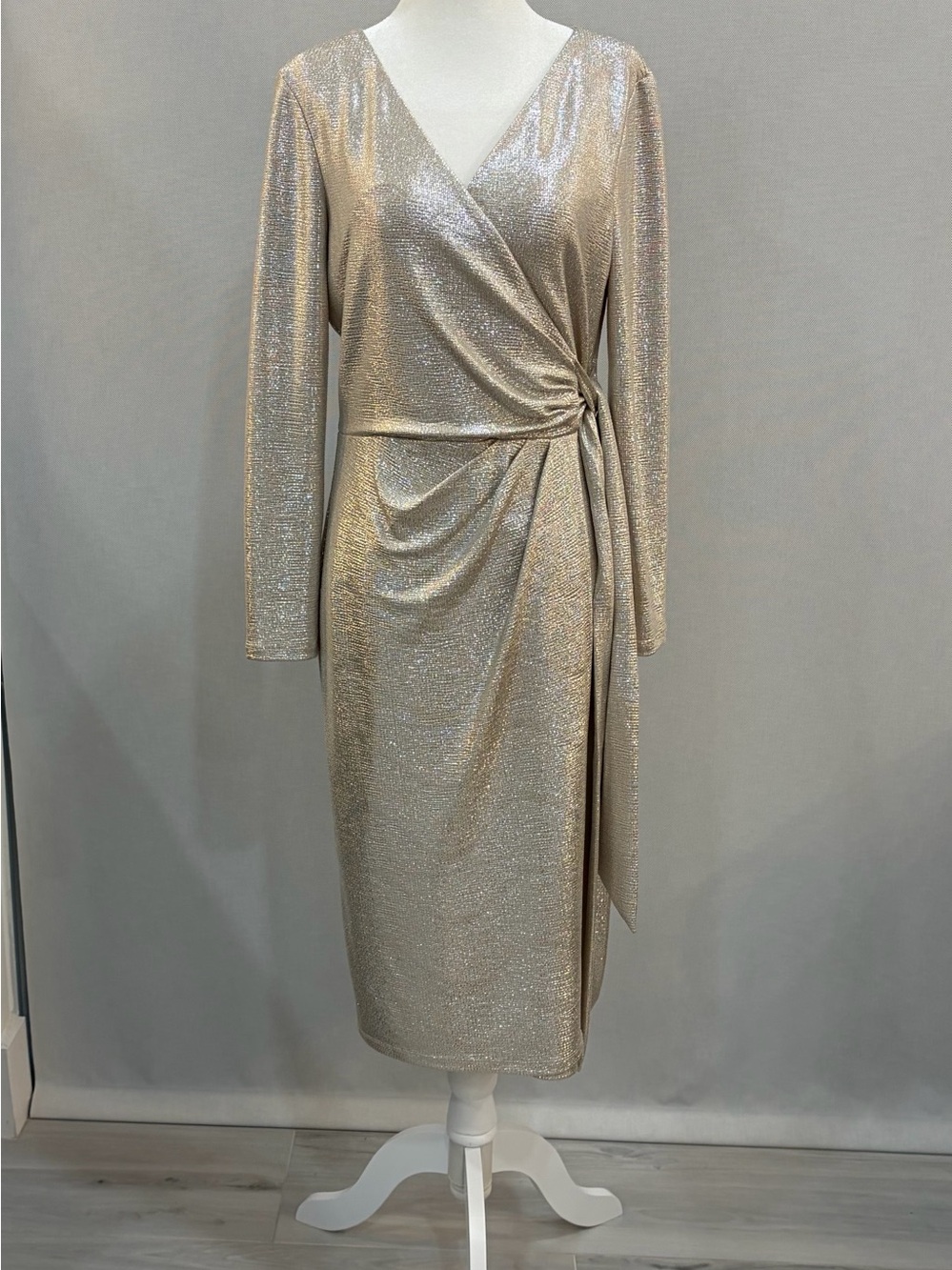Ag Adriano Goldschmied Metallic Champagne Wrap Dress with Tie